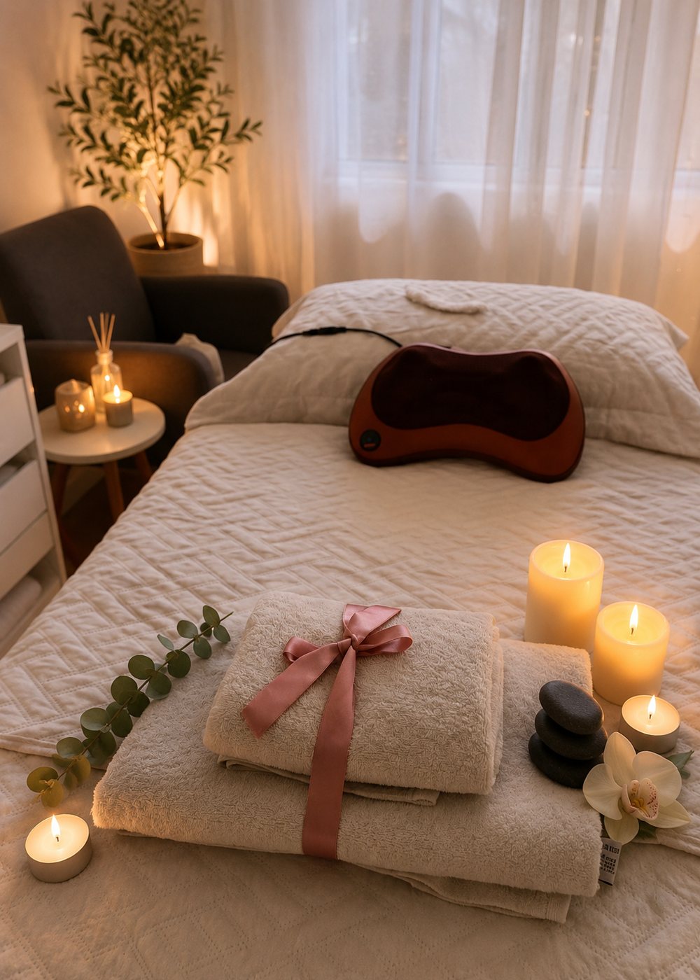 Ambiente de massagem preparado com velas e toalhas