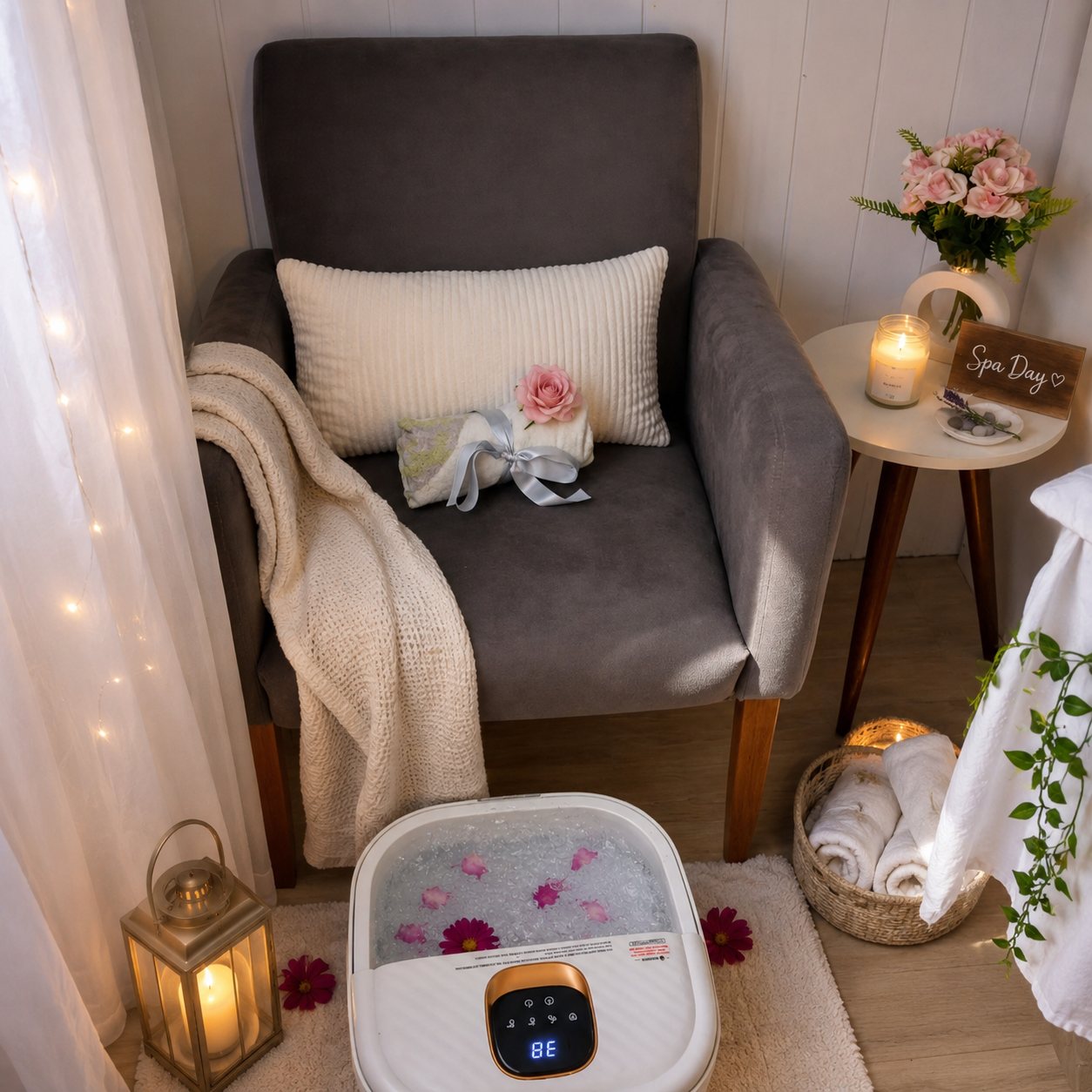Ambiente acolhedor do spa com escalda-pés e lanternas